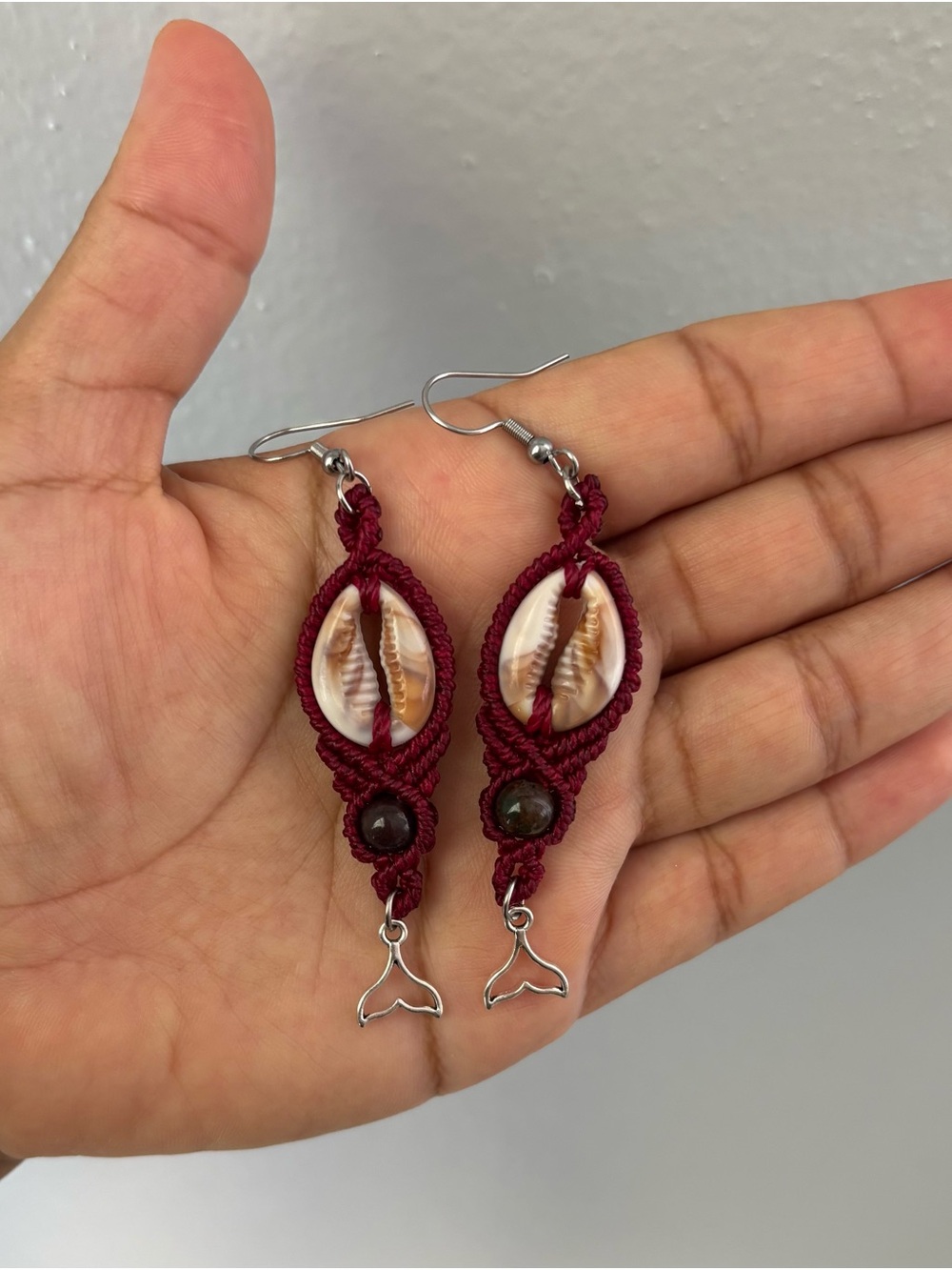 Handmade Red Macrame Shell Drop Earrings - Picture 2 of 2